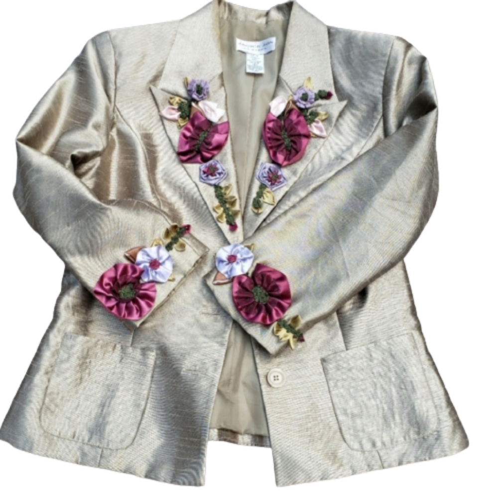 Blazer Champagne Gold Jacket Peaked Lapel Floral Embellished Shantung Sz 10
